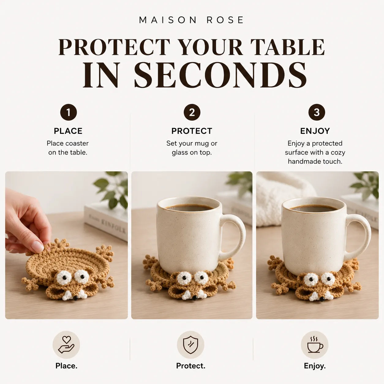 CozyCritters – Hand-Crocheted Animal Coasters