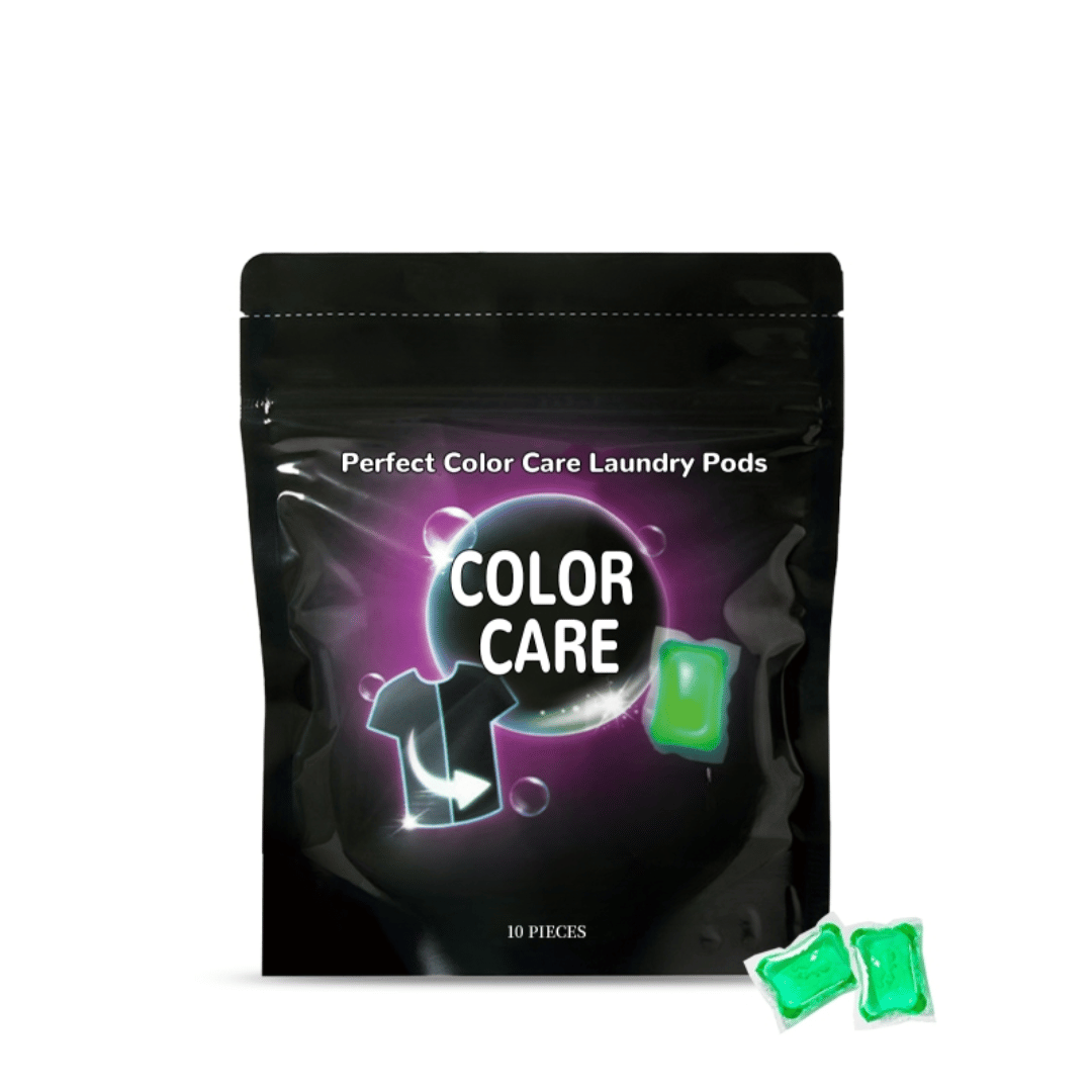 Black packaging of Perfect Color Care Laundry Pods with green laundry pods on a white background