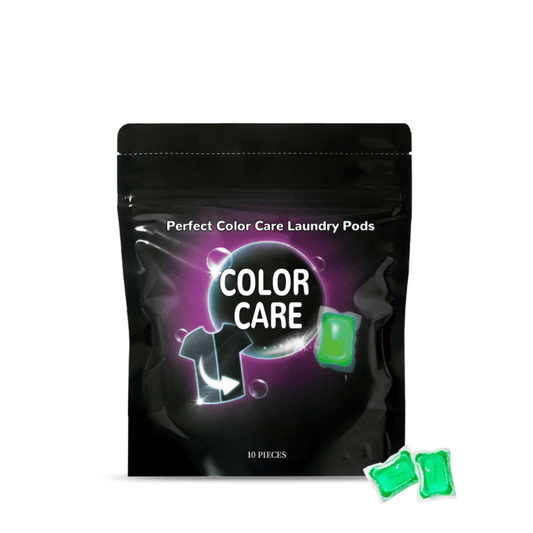 Black packaging of Perfect Color Care Laundry Pods with green laundry pods on a white background
