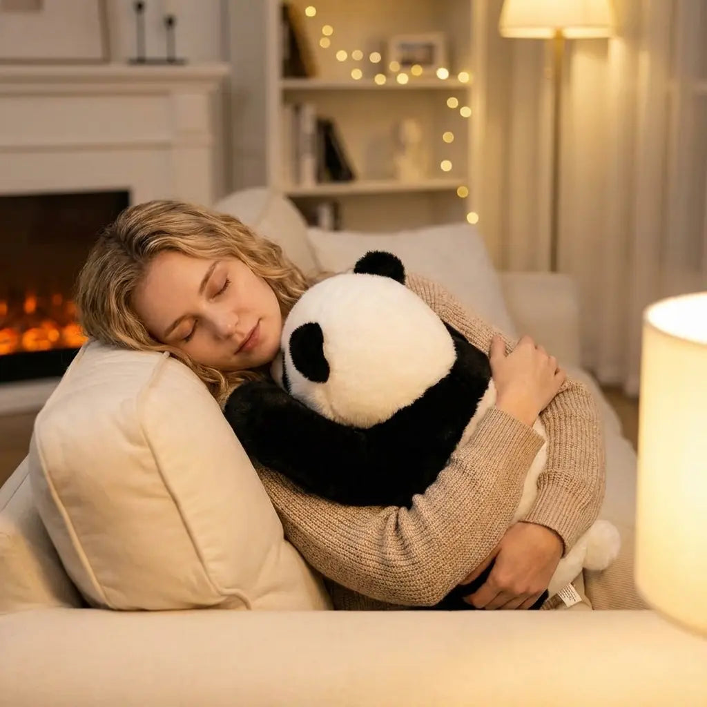 Woman hugging a panda plush toy on a cozy couch with warm lighting.