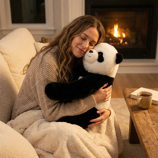Woman hugging a panda plush toy in a cozy living room with a fireplace.