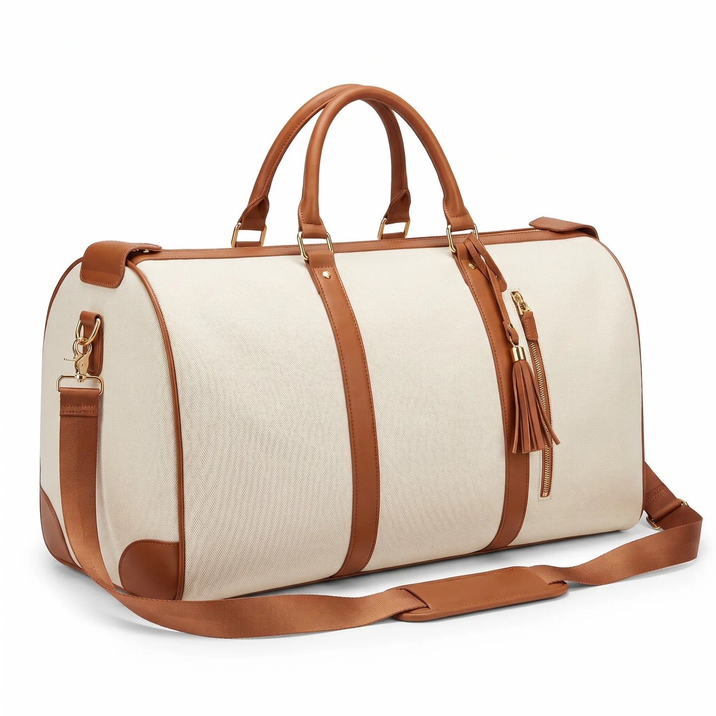 Beige duffel bag with brown leather straps and accents on a white background